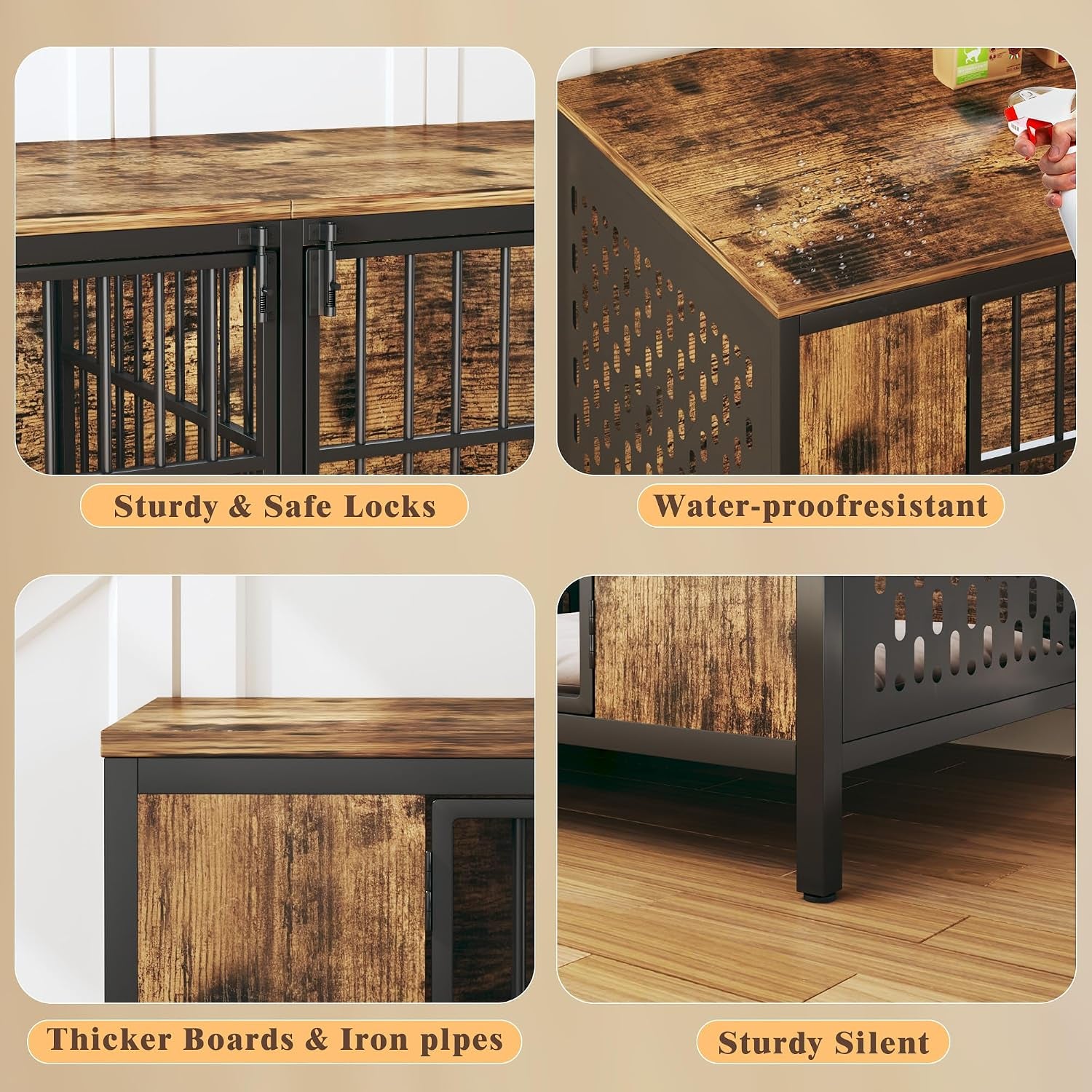63" Large Double Dog Kennel Furniture for 2 Dogs – Extra Sturdy XXL Metal & Wooden Medium Dog Cage with Removable Divider, Dual Doors & Name Tags – Indoor/Outdoor Crate for Large Breeds