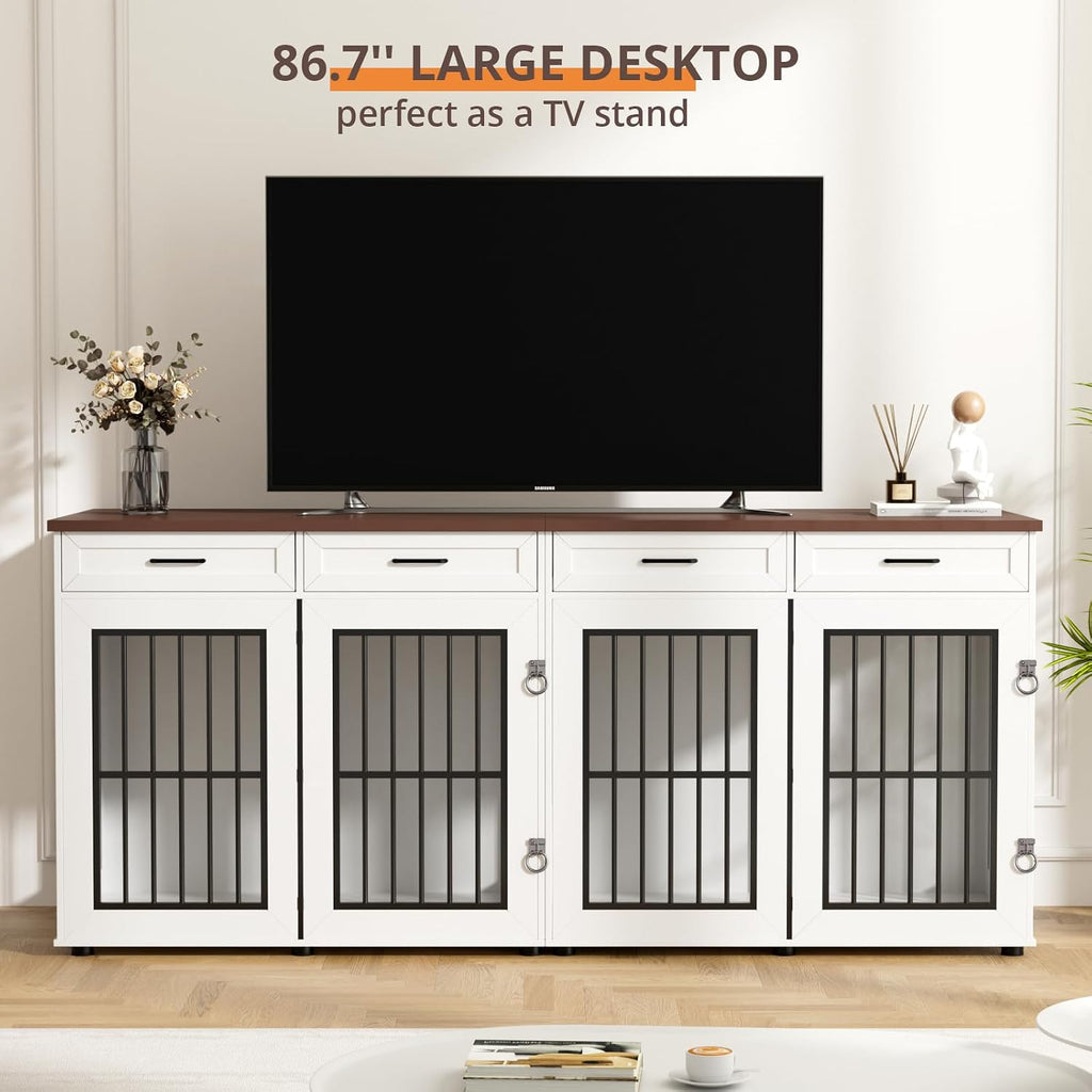 86.7 in Dog Crate Furniture for 2 Dogs, Extra Large Double Dog Cage Furniture TV Stand with Removable Divider, Wooden Dog Kennel Indoor, XXL Thick Dog Crate for Large Medium Dogs, White/Brown