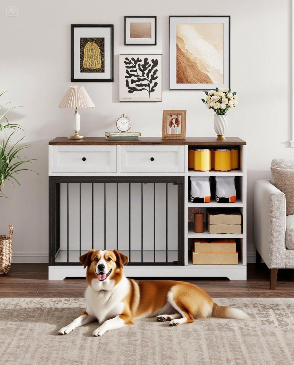 47 in Dog Crate Furniture with 2 Storage Drawers, 4 Deep Shelves, Farmhouse Extra Large Wooden Dogs Cage End Table, Multi-Functional Indoor Dog Kennel for Large Medium Dogs