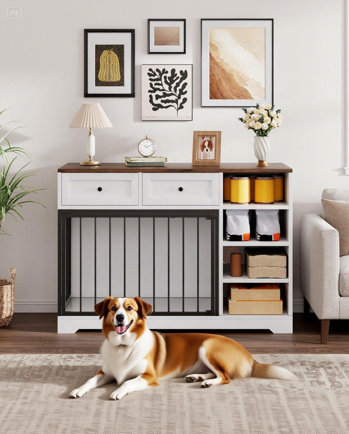 47 in Dog Crate Furniture with 2 Storage Drawers, 4 Deep Shelves, Farmhouse Extra Large Wooden Dogs Cage End Table, Multi-Functional Indoor Dog Kennel for Large Medium Dogs