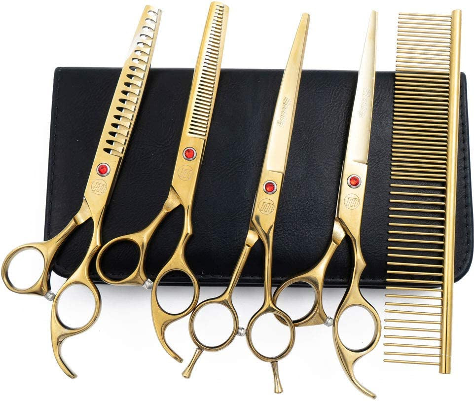 Professional Dog Grooming Scissors Set, 7 Inch/8 Inch Pet Grooming Scissors Chunkers Shears for Dog, Curved Dog Grooming Scissors, Thinning Shears for Dog with Grooming Comb | Pet Grooming Chunkers Shears for Dog, Curved Dog Grooming Scissors, Thinning Shears for Dog with Grooming Comb, Gold