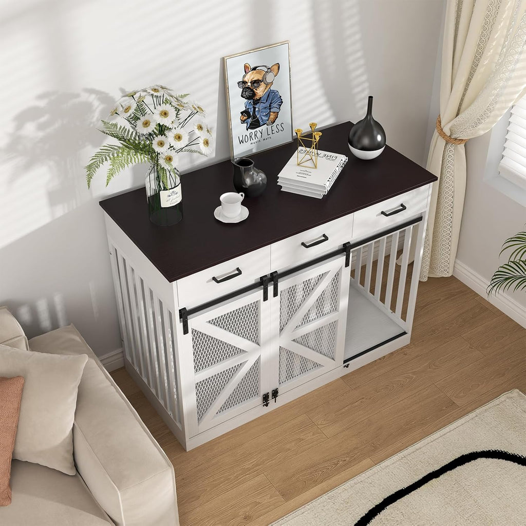 Large Dog Crate Furniture with Sliding Barn Door, 48" Wooden Dog Kennel Indoor End Side Table for Home Decor, Removable Divider, 3 Drawers, Furniture Style Dog Crate TV Stand