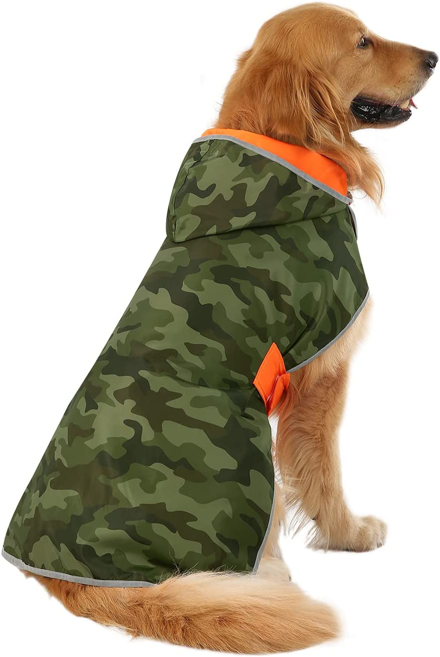 Reversible Hooded Dog Raincoat Slicker Poncho for Small Medium Large Dogs - Camo Orange - L - Polyester
