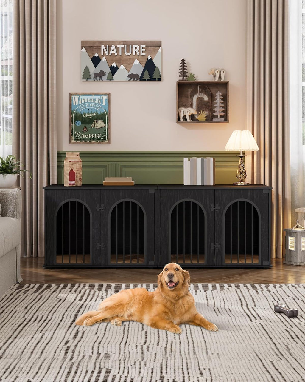 70.9" Double Dog Crate Furniture, Dog Kennel Indoor with Cushion | Heavy Duty Dog Crate Furniture for 2 Dogs,Dog Cage End Table TV Stand with Divider for Med-Large Dogs,Black DFC81904B