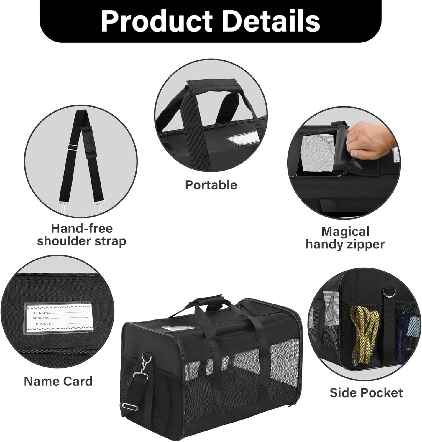 Pet Travel Carrier Soft Sided Portable Bag for Cats, Small Dogs, Kittens or Puppies, Collapsible, Durable, Airline Approved, Travel Friendly (Grey, 17.0" L X 10.0" W X 11.0" H) (Black)