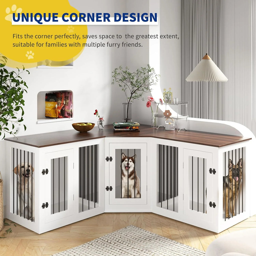 113" Large Dog Crate Furniture for 3 Dogs, Corner Dog Crate with Divider, Wooden Indoor Dog Kennel Furniture, Dog Crate Cage for Large Medium Small Dogs, Combined in 3 Ways