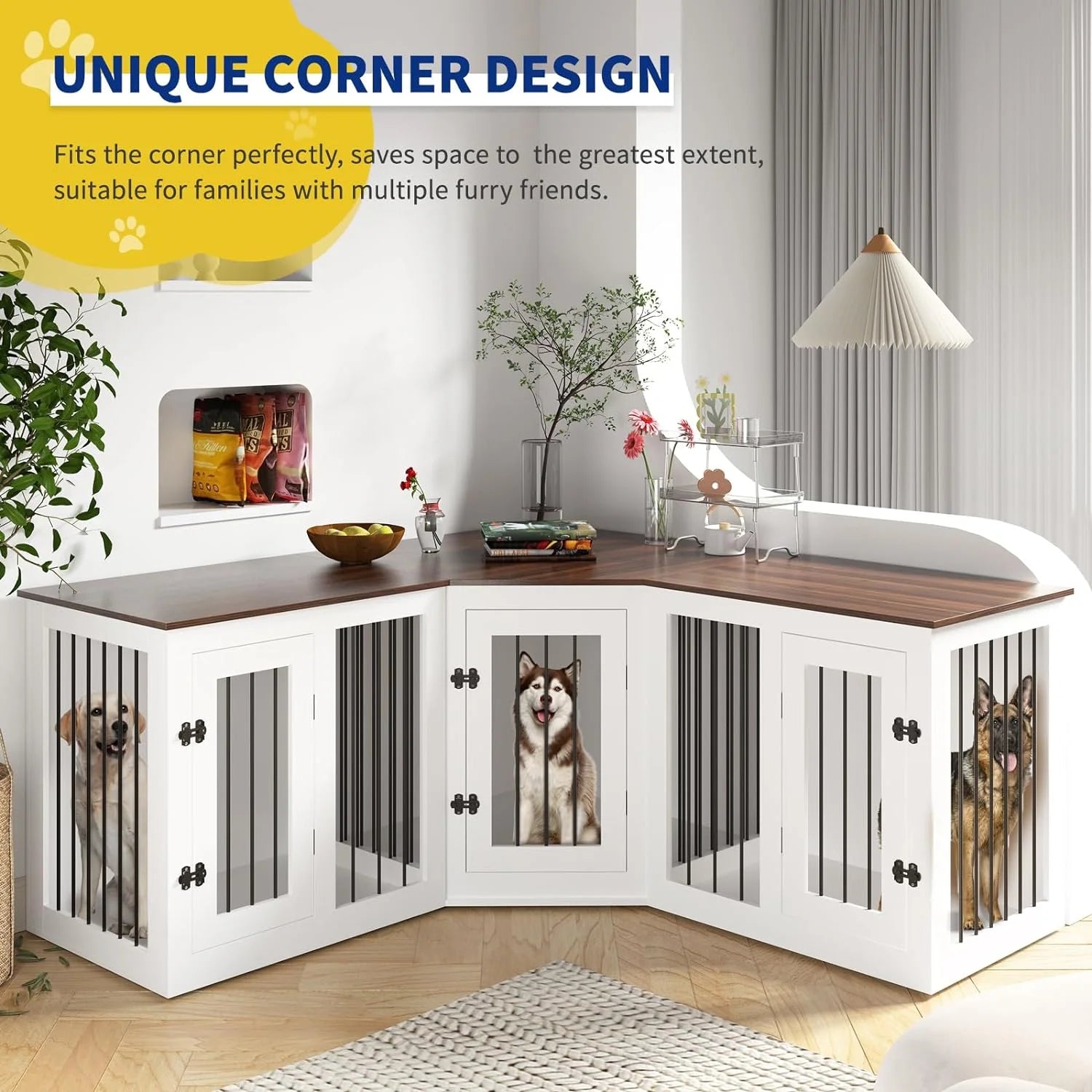 113" Large Dog Crate Furniture for 3 Dogs, Corner Dog Crate with Divider, Wooden Indoor Dog Kennel Furniture, Dog Crate Cage for Large Medium Small Dogs, Combined in 3 Ways