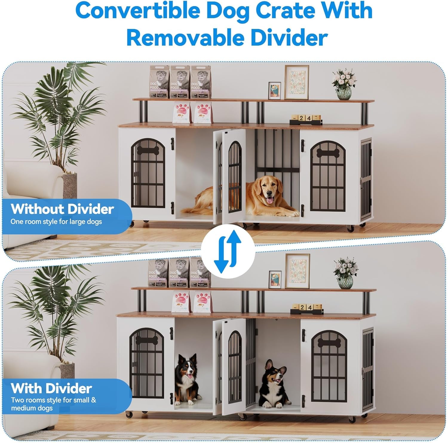 63" Dog Crate Furniture for 2 Dogs, Heavy Duty Indoor Dog Kennel for Medium/Large Dogs, Wooden Dog Cage with Removable Divider, 6 Lockable Wheels, Storage Compartment, White