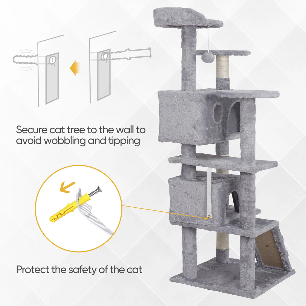 55-In H Cat Tree & Condo Scratching Post Tower, Light Gray