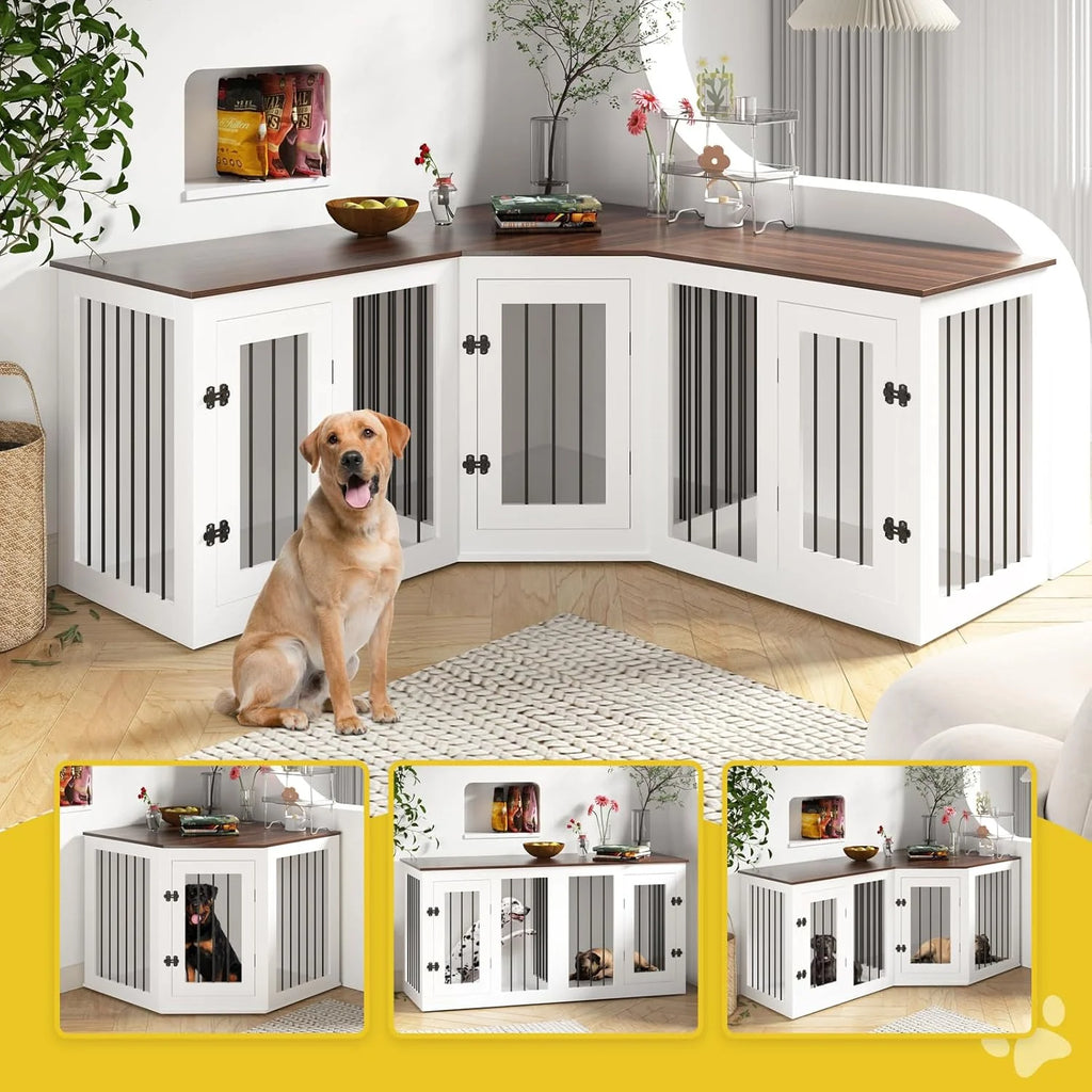 113" Large Dog Crate Furniture for 3 Dogs, Corner Dog Crate with Divider, Wooden Indoor Dog Kennel Furniture, Dog Crate Cage for Large Medium Small Dogs, Combined in 3 Ways