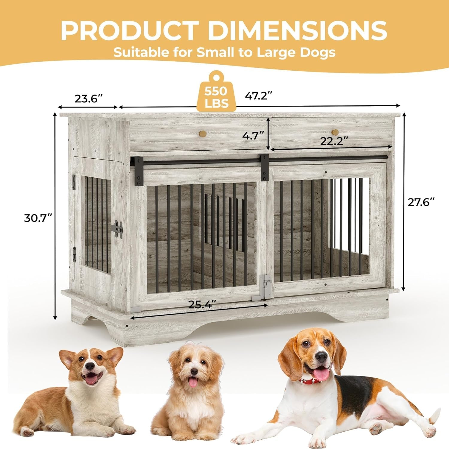 Dog Crate Furniture 2 Dogs, 47" Double Dog Kennel with Removable Divider | Double Dog Crate 2 Drawers, Decorative TV Stand Side Table, Indoor Pet Cage for Large/Medium/Small Dogs New Grey