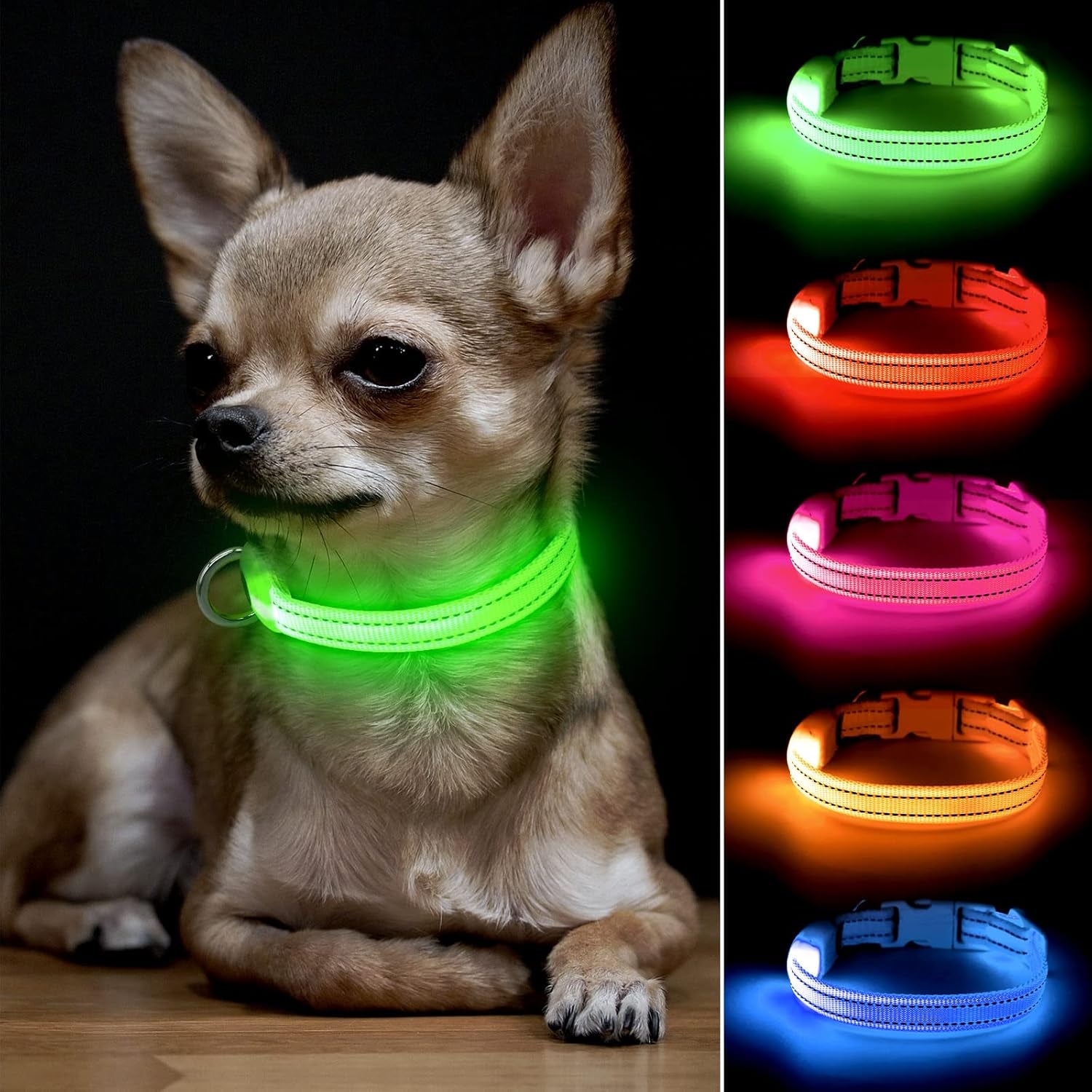 Adjustable LED Dog & Cat Collar - Rechargeable, Small Breeds, Green, 8.5-11.8 Inches, Nylon, Lightweight, Reflective, 2 Flash Modes | Glow in the Dark Rechargeable Reflective Adjustable Flashing Illuminous Safety Dog Lights for Night Walking