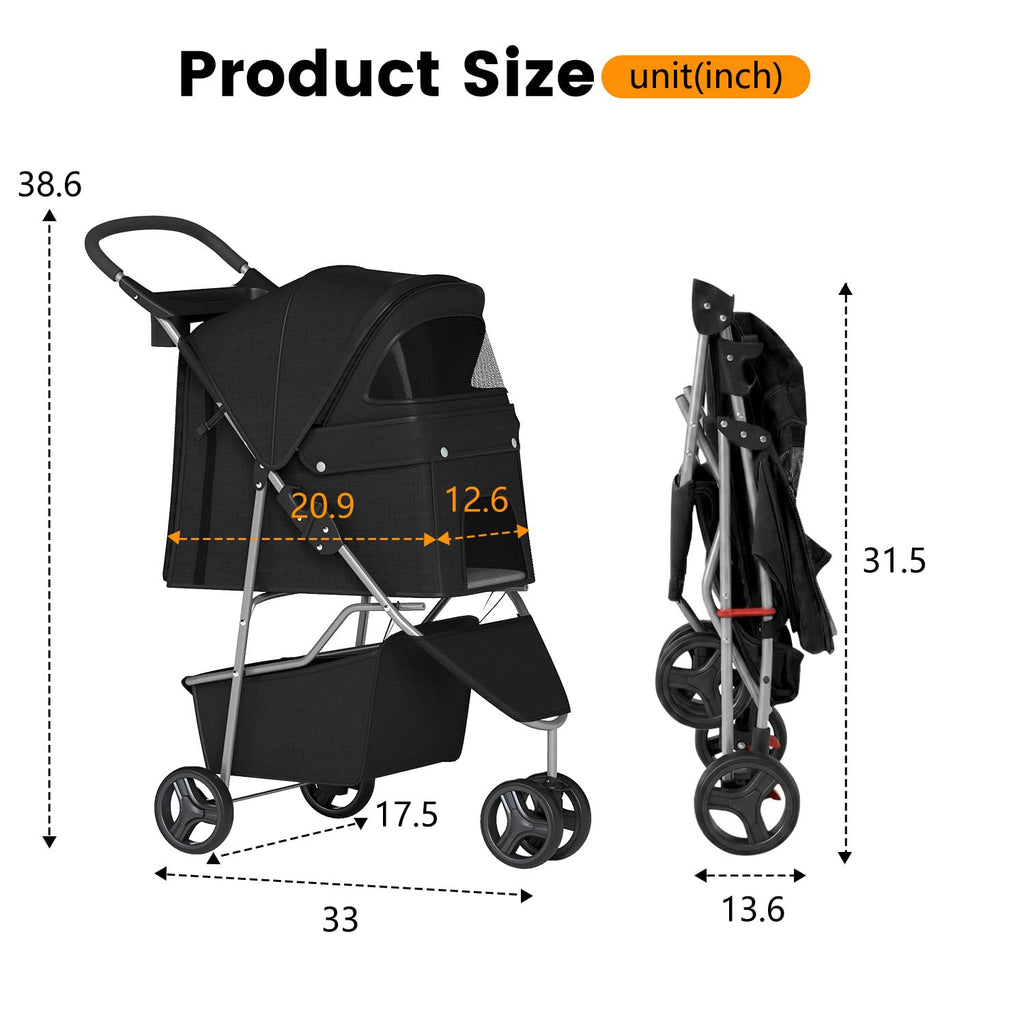 | 3-Wheel Pet Stroller | Dog and Cat Stroller | Breathable Mesh | Lightweight Travel Carrier | Waterproof & Foldable Design | Storage Basket | Black | for Daily Walks & Outdoor Use | Breathable Mesh | Lightweight, Waterproof Travel Carrier with Cup Holder & Storage Basket | for Daily Walks & Outdoor Use