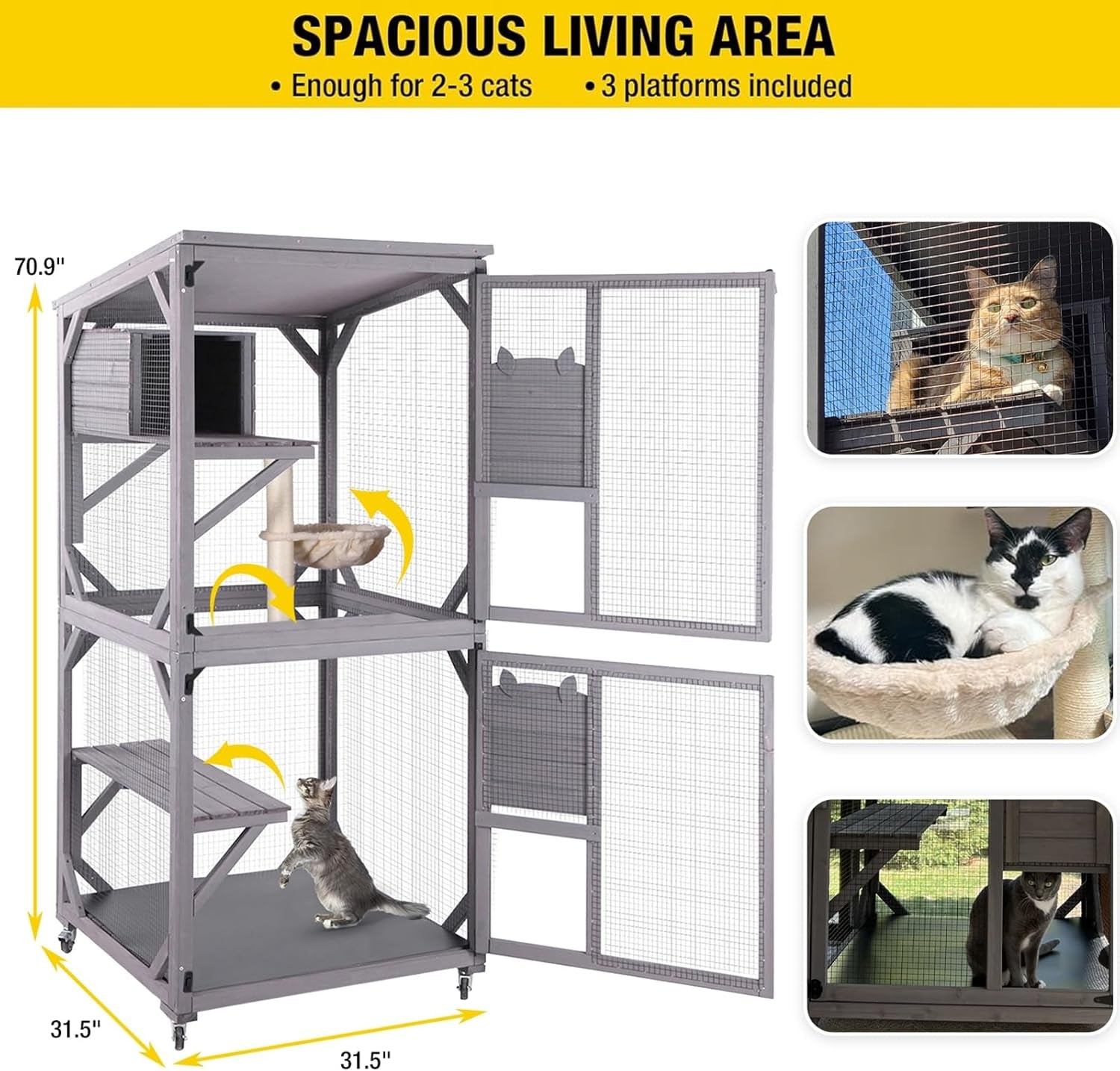 Cat House Outdoor Cat Catio Wooden Large Enclosure with Run on Wheels 70.9" Upgraded Version Catio with Reinforcement Strip,Waterproof Roof (Grey)