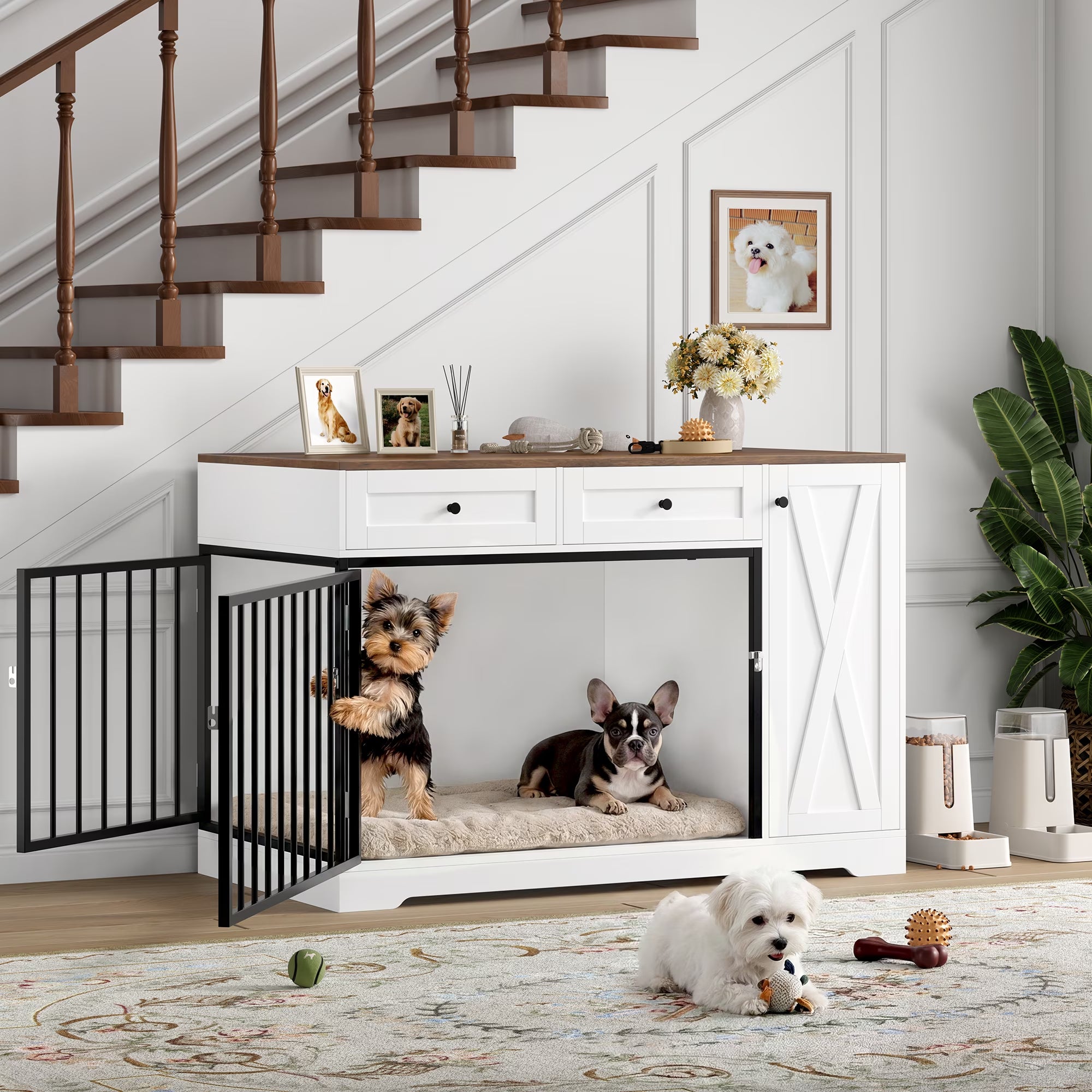 Dog Crate with Storage Cabinet and 2 Drawers, Indoor Furniture Style Wooden Large Dog Kennel, White