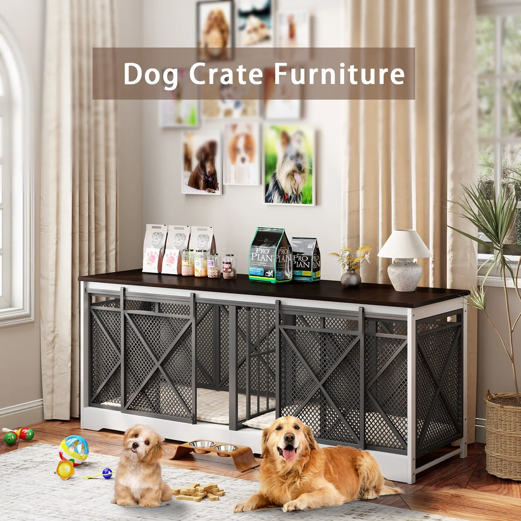 78 Inch Wooden Double Dog Crate Furniture with Divider, Indoor Kennel Table for 2 Large Dogs White