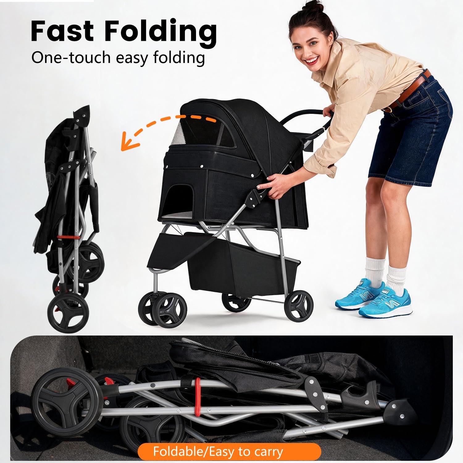 | 3-Wheel Pet Stroller | Dog and Cat Stroller | Breathable Mesh | Lightweight Travel Carrier | Waterproof & Foldable Design | Storage Basket | Black | for Daily Walks & Outdoor Use | Breathable Mesh | Lightweight, Waterproof Travel Carrier with Cup Holder & Storage Basket | for Daily Walks & Outdoor Use