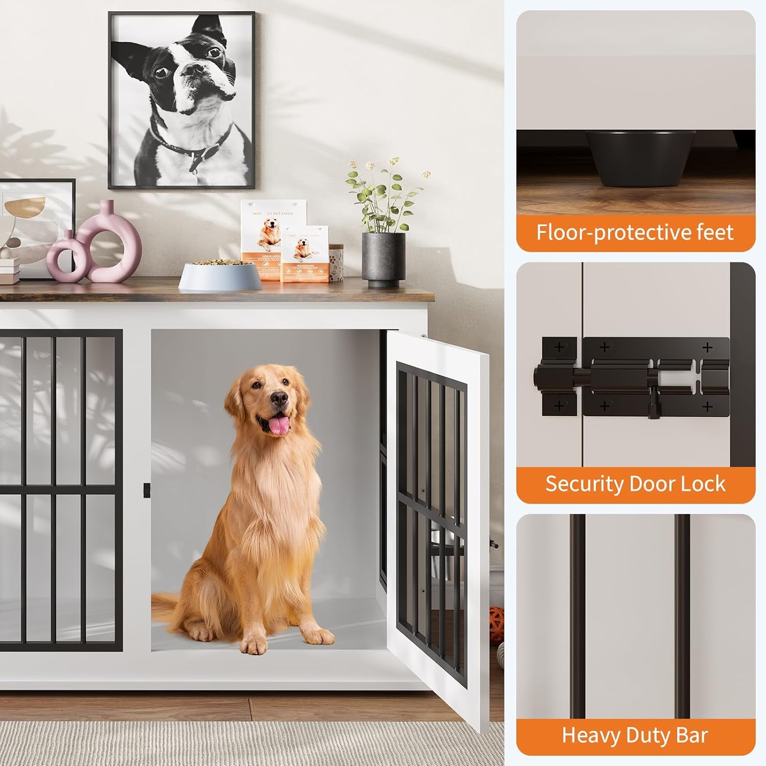 Dog Crate Furniture with Liftable Top, 40" White Wooden Dog Kennel End Table, Heavy Duty Pet Cage for Large Medium Dogs, 200Lb Capacity White