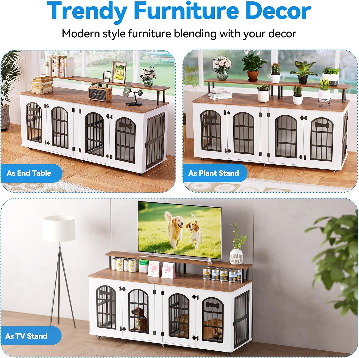 63" Dog Crate Furniture for 2 Dogs, Heavy Duty Indoor Dog Kennel for Medium/Large Dogs, Wooden Dog Cage with Removable Divider, 6 Lockable Wheels, Storage Compartment, White