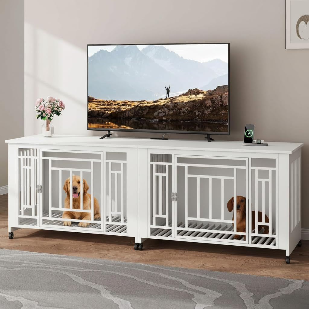 76" Double Dog Crate Furniture for 2 Large Medium Dogs Chew-Resistant | Heavy Duty Dog Kennel Indoor TV Stand with Wheels, Decorative Wooden Dogs Cage Table with Removable Tray, White
