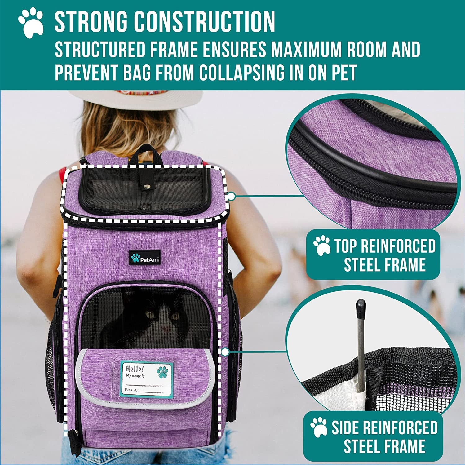 Dog Backpack Carrier, Airline Approved 4-Way Entry Cat Backpack Carrier, Ventilated Mesh, Collapsible Pet Carrier for Small Puppy, Kitten, Hiking, Travel Car, Vet, up to 18 Lbs, Purple