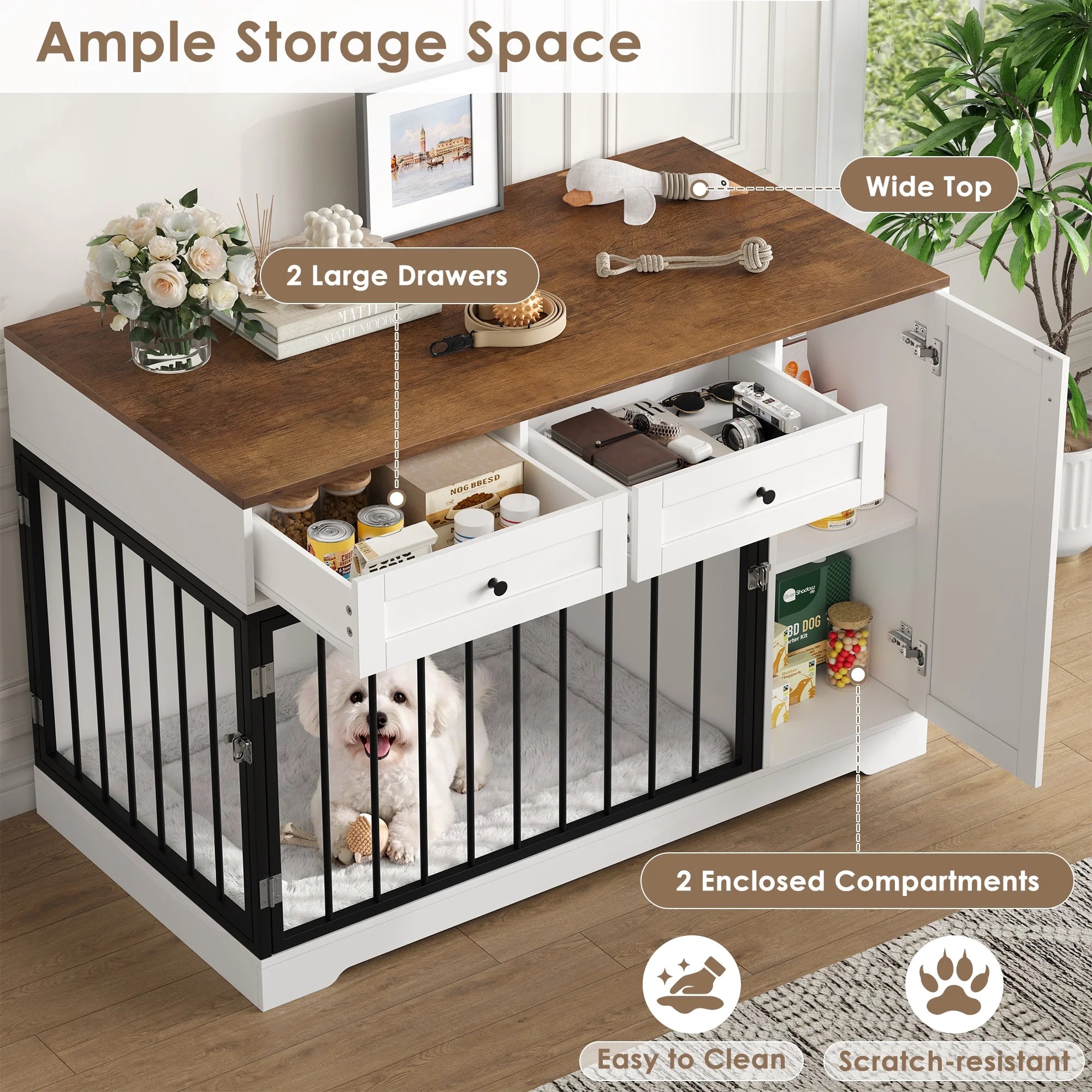 Dog Crate with Storage Cabinet and 2 Drawers, Indoor Furniture Style Wooden Large Dog Kennel, White