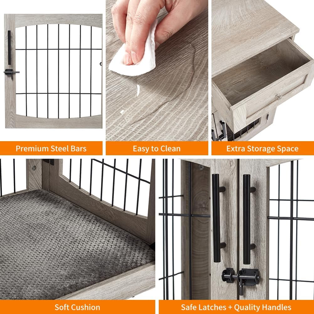 Dog Crate Furniture with Cushion,Wooden Dog Crate Table with 2 Drawers,3-Doors Dog Furniture,Indoor Dog Kennel,Dog House,Dog Cage,Side End Table(31.5 * 23.6 * 32Inch, Rustic Grey)