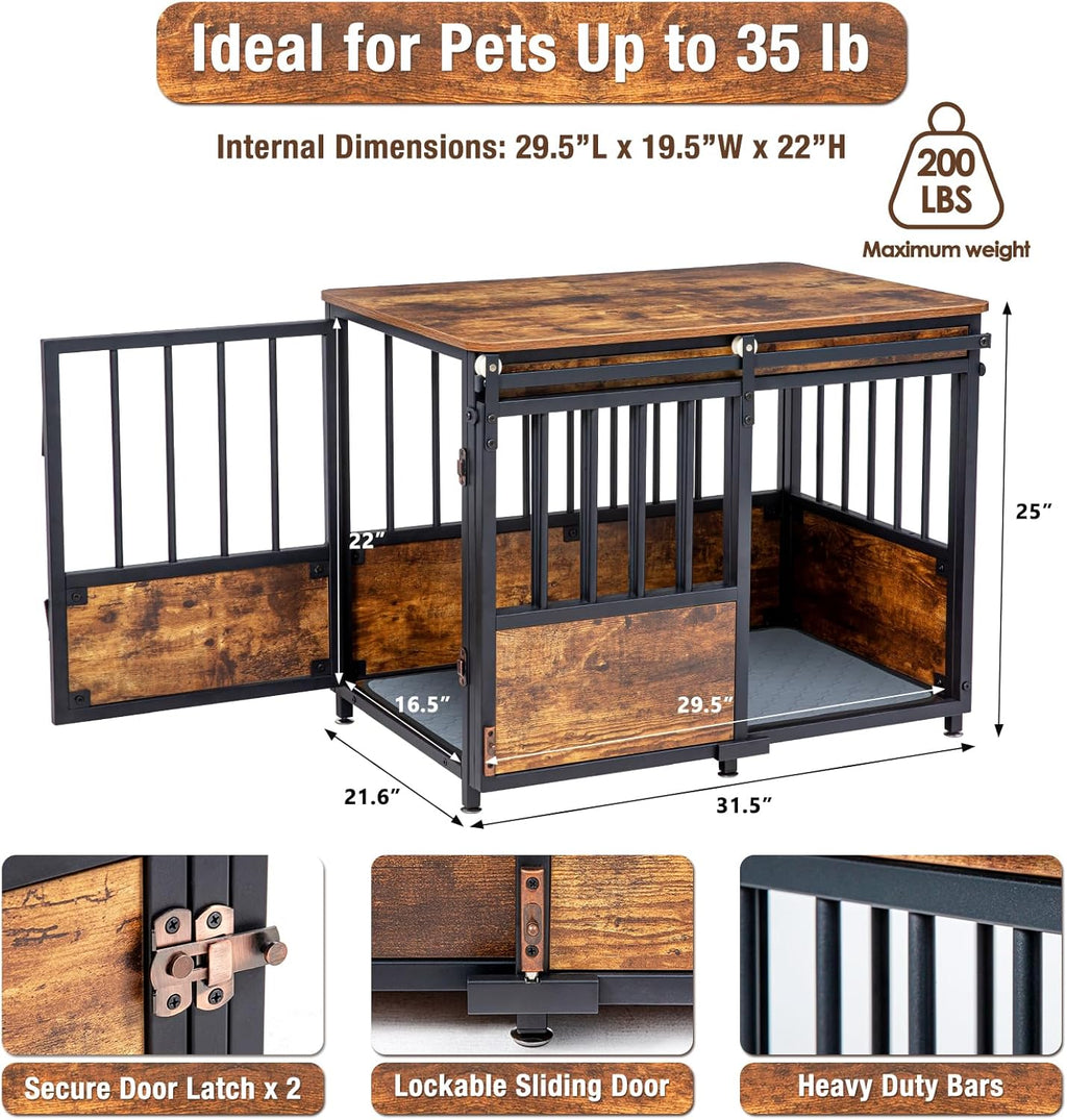 32" Dog Crate Furniture with Cushion, Heavy Duty for Medium Dogs | Wooden Dog Kennel with Double Doors, Decorative Pet House Dog Cage Side End Table Indoor, Sliding Door Chew-Resistant