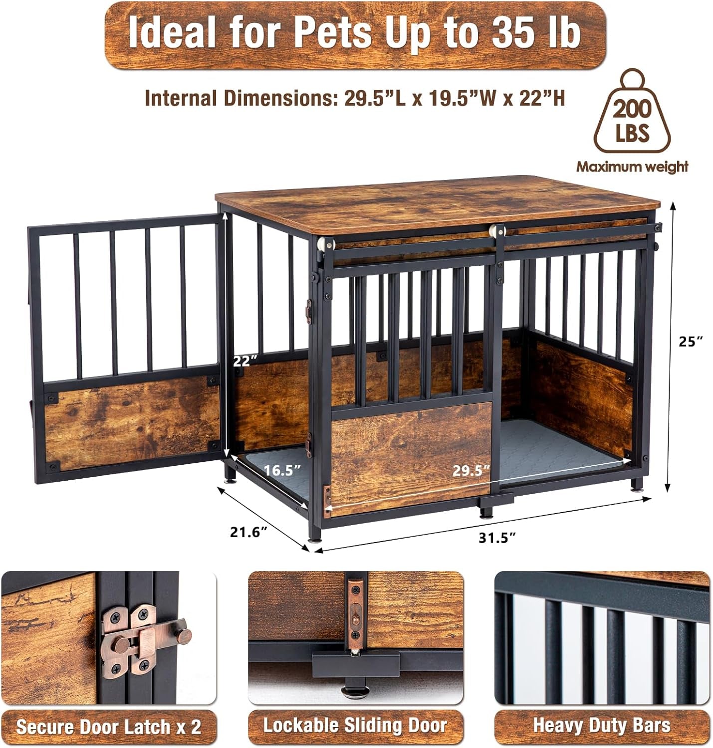 32" Dog Crate Furniture with Cushion, Heavy Duty for Medium Dogs | Wooden Dog Kennel with Double Doors, Decorative Pet House Dog Cage Side End Table Indoor, Sliding Door Chew-Resistant