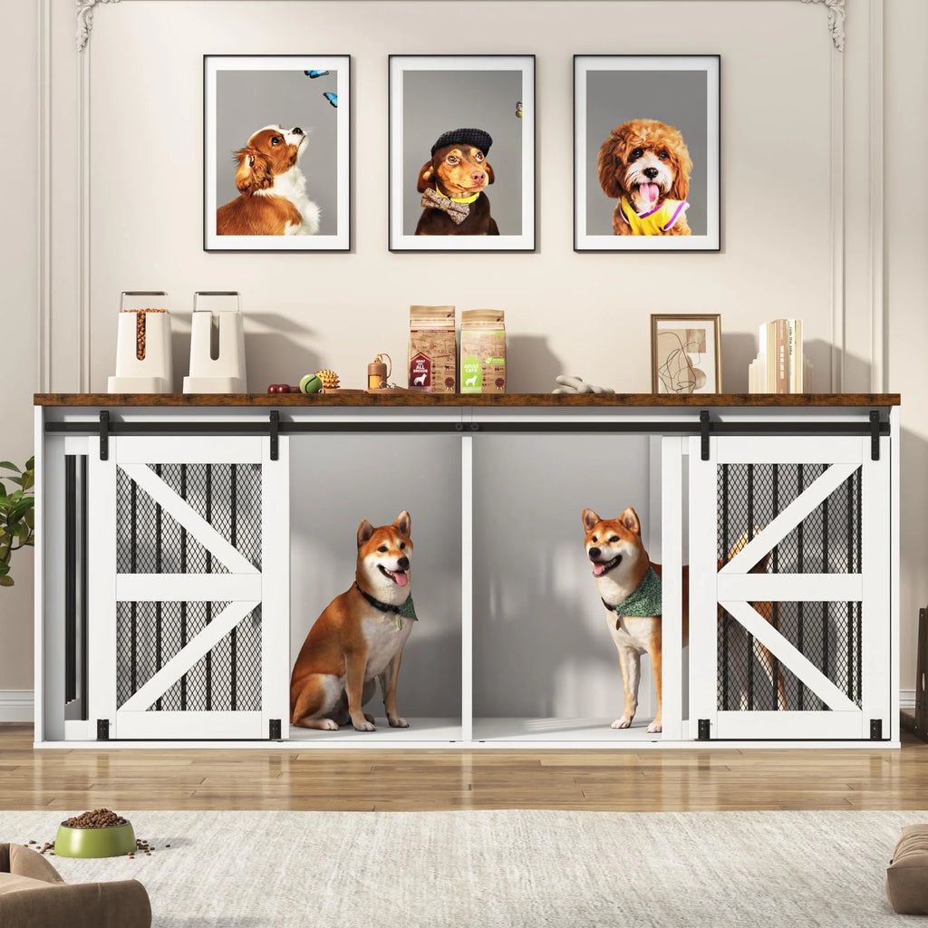 87" Large Farmhouse Dog Crate TV Stand, Wooden Dog Crate Furniture with with Divider Panel/Sliding Metal Mesh Barn Door, XL-XXL Heavty Duty Dog Crates Furniture for 2 Medium or Large Dogs