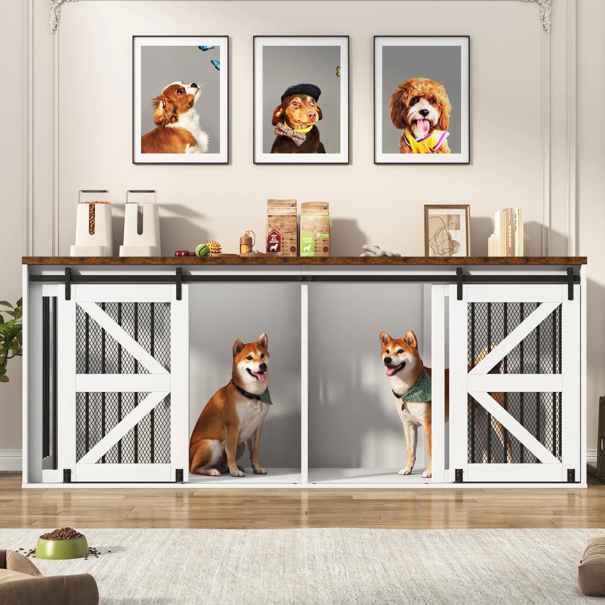 87" Large Farmhouse Dog Crate TV Stand, Wooden Dog Crate Furniture with with Divider Panel/Sliding Metal Mesh Barn Door, XL-XXL Heavty Duty Dog Crates Furniture for 2 Medium or Large Dogs