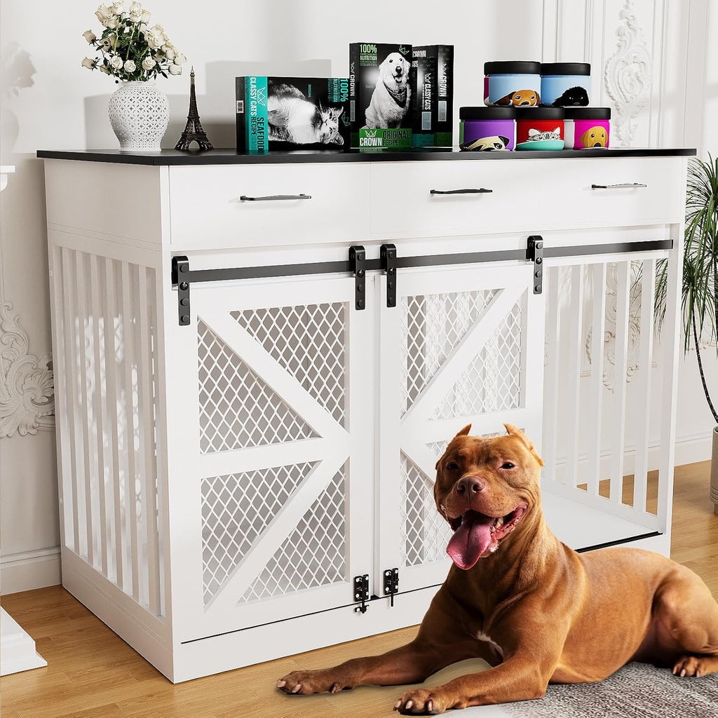 Large Dog Crate Furniture with Sliding Barn Door, 48" Wooden Dog Kennel Indoor End Side Table for Home Decor, Removable Divider, 3 Drawers, Furniture Style Dog Crate TV Stand