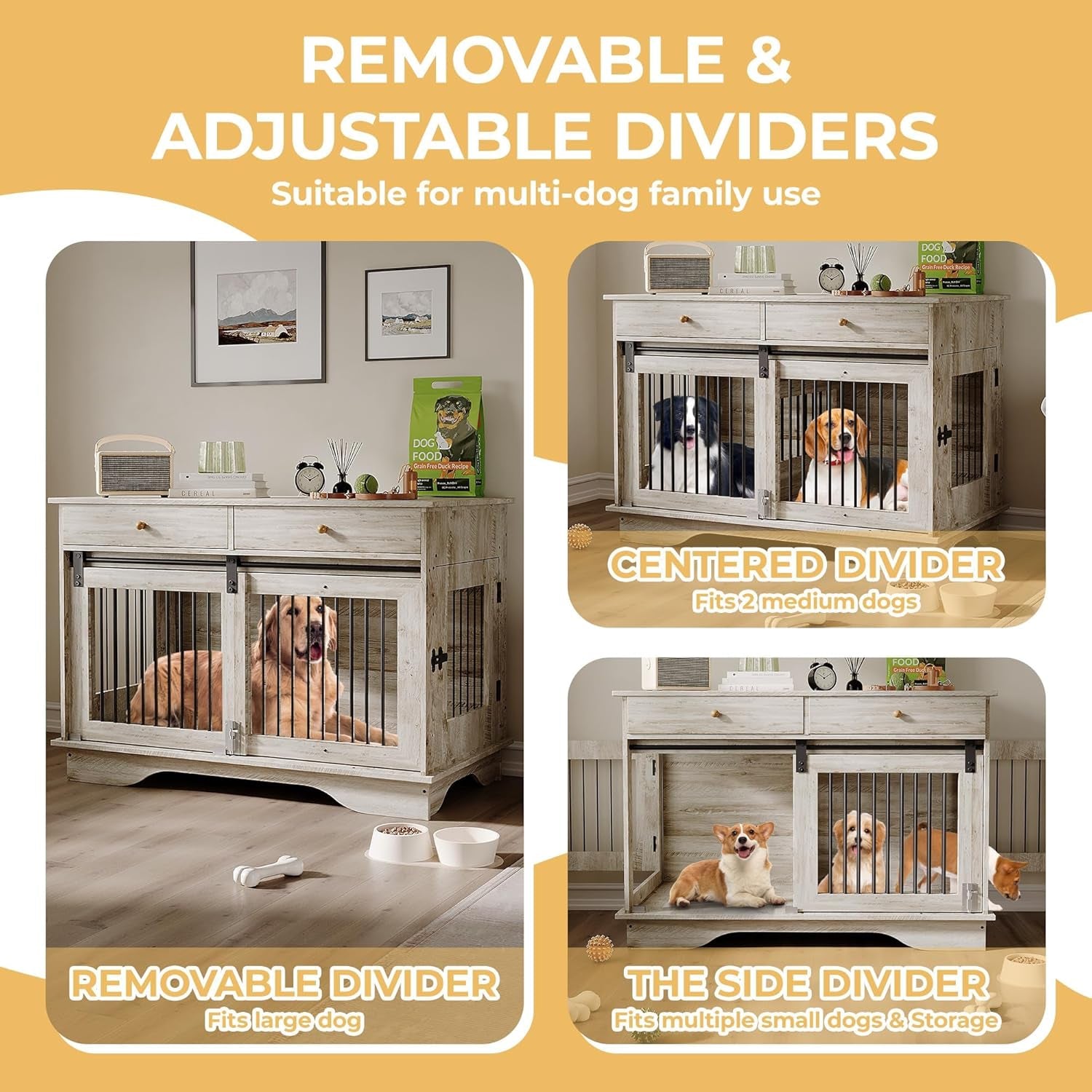 Dog Crate Furniture 2 Dogs, 47" Double Dog Kennel with Removable Divider | Double Dog Crate 2 Drawers, Decorative TV Stand Side Table, Indoor Pet Cage for Large/Medium/Small Dogs New Grey