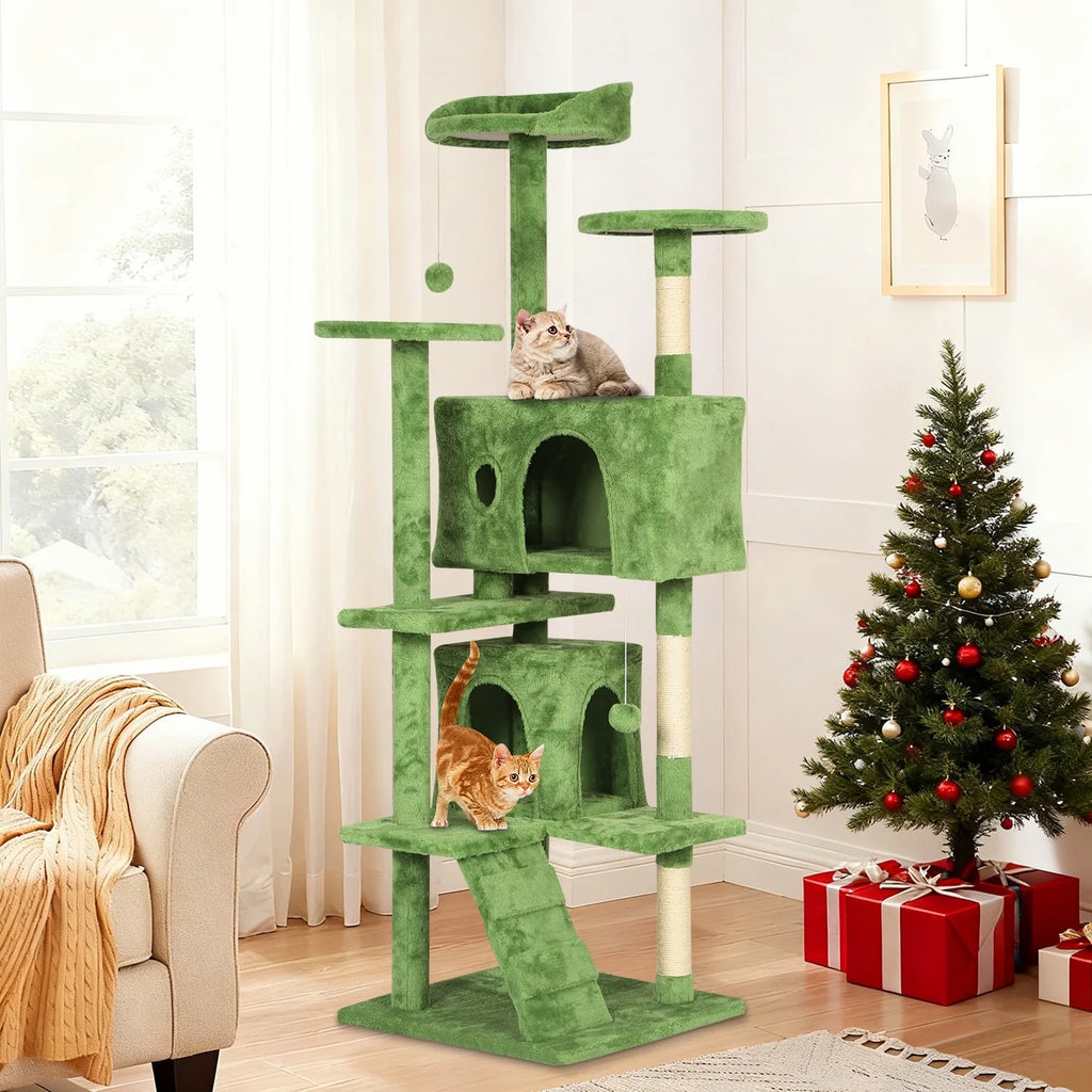 54-In Double Condo Cat Tree Tower Playhouse with Scratching Post & Perch for Indoor, Pink