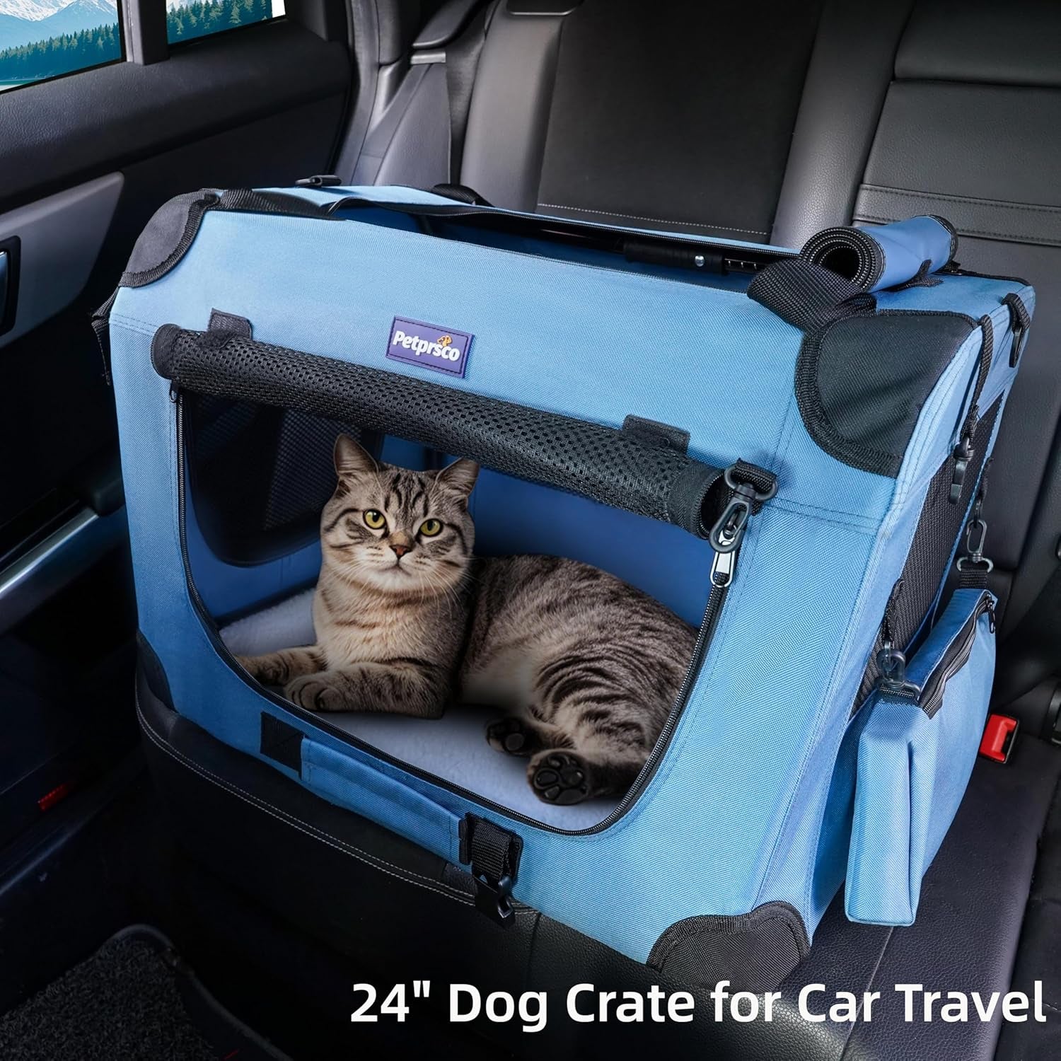 Portable Collapsible Dog Crate, 24" Soft Dog Crate for Car Travel | Includes Mat, Blanket & Bowl, Strong Fabric, 4-Sided Mesh Vents, 3 Doors, Fit Small Dogs & Large Cats Indoor and Outdoor Use