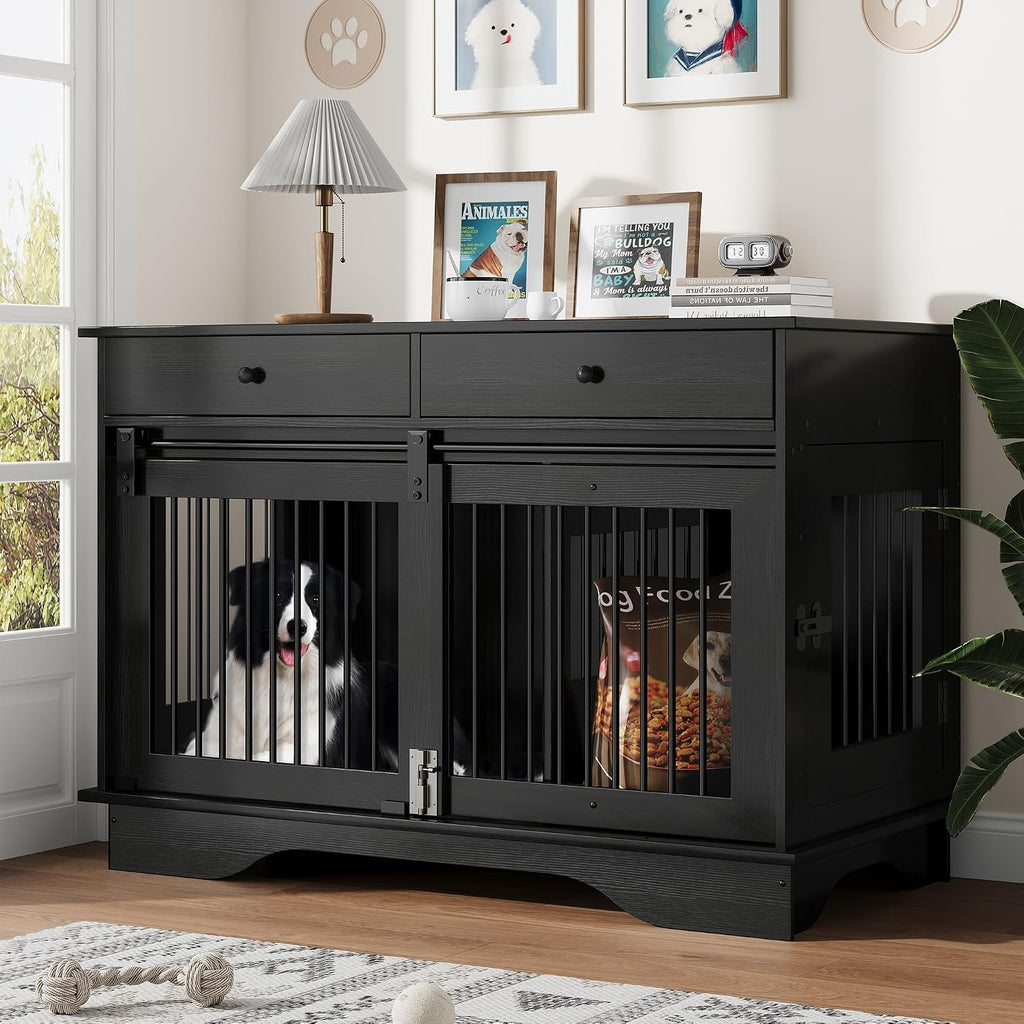 Dog Furniture Crate, 47" Large Dog Crate Furniture W/ 2 Storage Draws & Removable Divider for Large/Medium/Small Dogs
