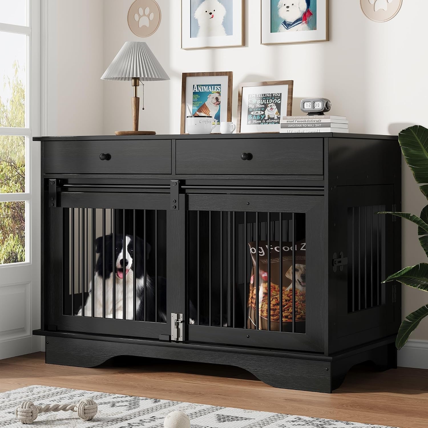 Dog Furniture Crate, 47" Large Dog Crate Furniture W/ 2 Storage Draws & Removable Divider for Large/Medium/Small Dogs
