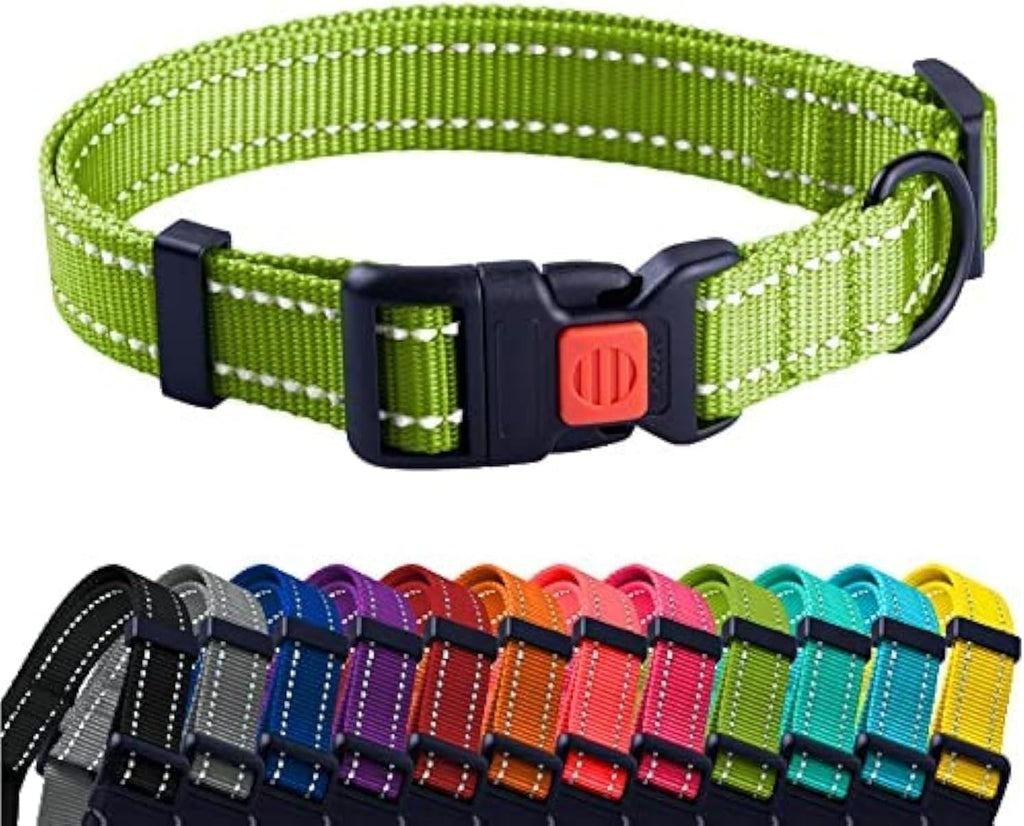Reflective Dog Collar for a Small, Medium, Large Dog or Puppy with a Quick Release Buckle - Boy and Girl - Nylon Suitable for Swimming (7-11 Inch (New), Lime Green)