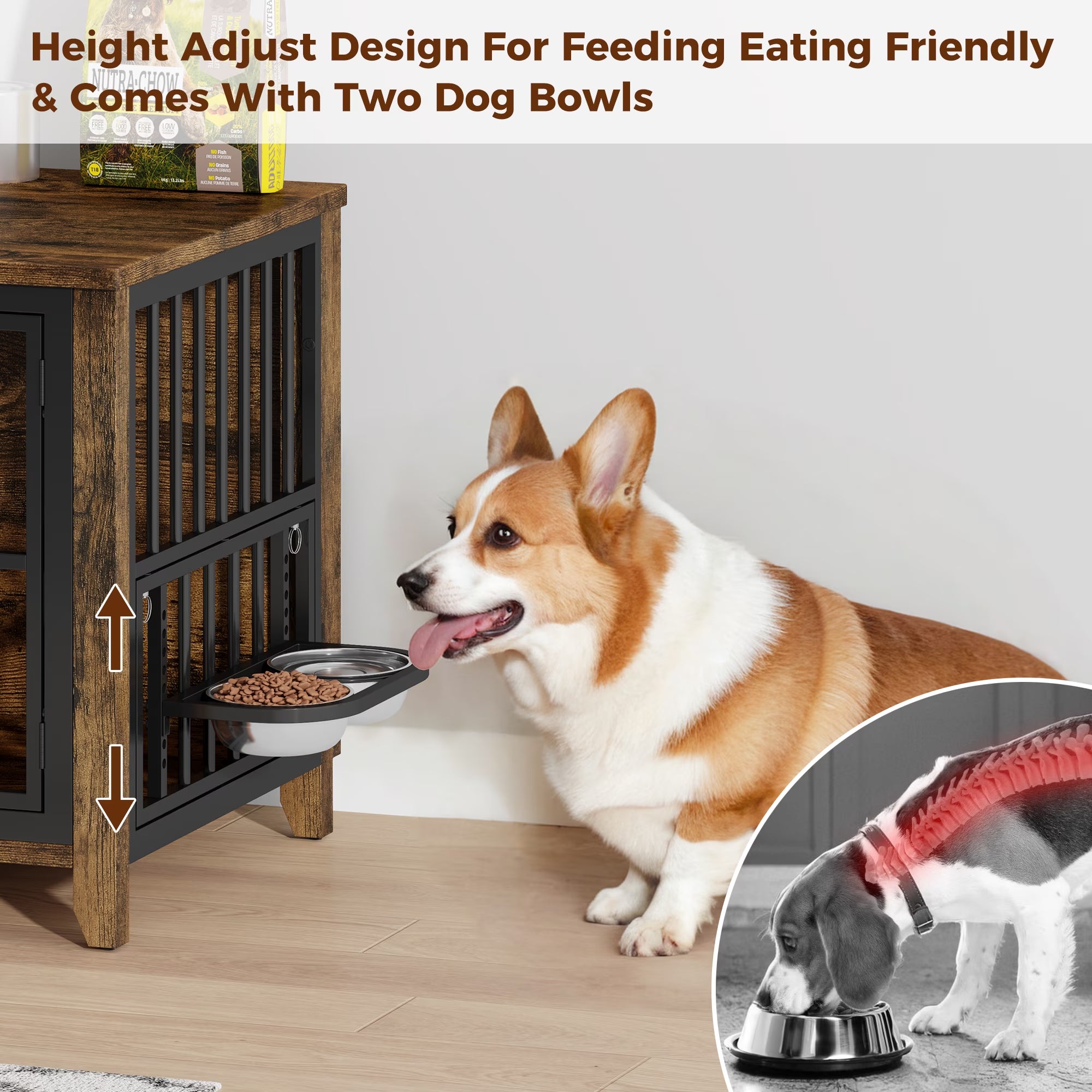 Dog Crate Furniture with 2 Adjustable Dog Bowls, Dog Kennel Indoor with Lockable Doors, 32" Pet Carrier House for Medium, Brown