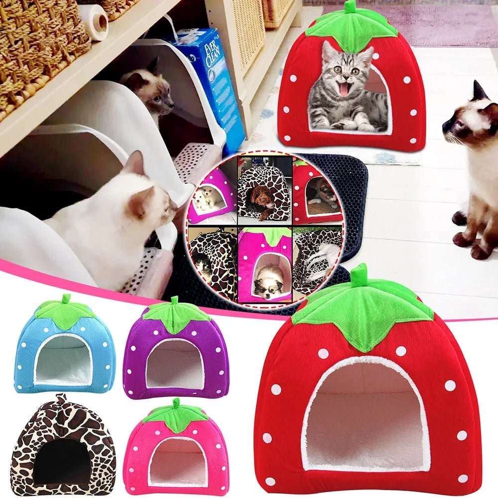 CHGBMOK Winter Cat Houses for Indoors Cute Strawberry Yurt Padded Fold Tent Pet Dog Gate