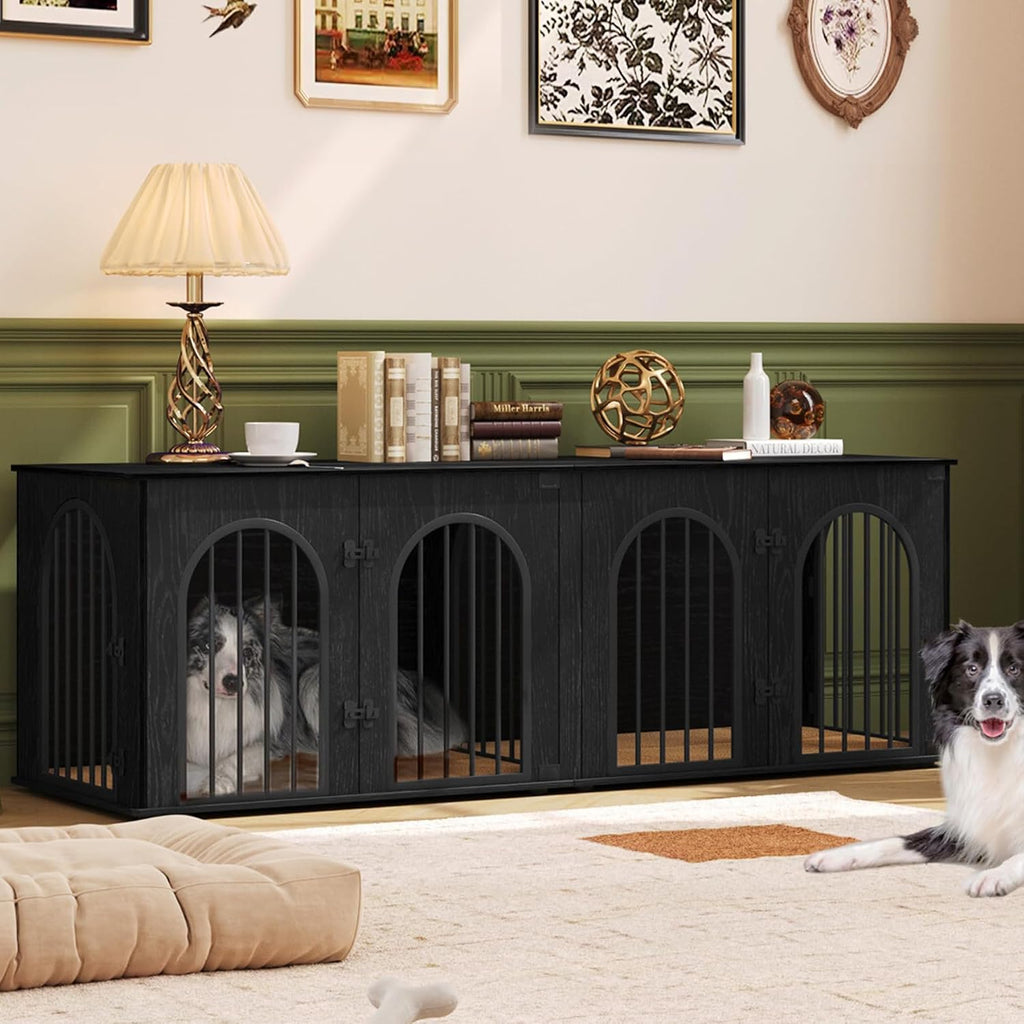 70.9" Double Dog Crate Furniture, Dog Kennel Indoor with Cushion | Heavy Duty Dog Crate Furniture for 2 Dogs,Dog Cage End Table TV Stand with Divider for Med-Large Dogs,Black DFC81904B