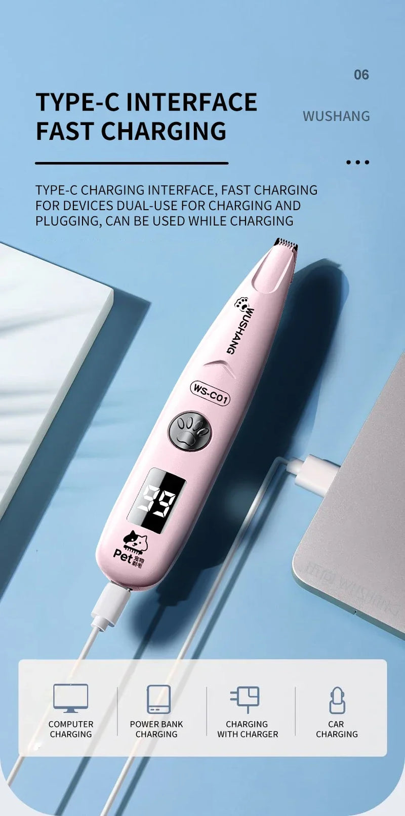 Pet Dog Electric Groomer Trimmer with LED Light Waterproof Pet Foot Hair Trimmer Low Noise Cat Dog Face Foot Ear Hip Paw Shaver