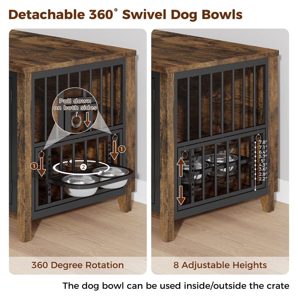 Dog Crate Furniture with 2 Adjustable Dog Bowls, Dog Kennel Indoor with Lockable Doors, 32" Pet Carrier House for Medium, Brown