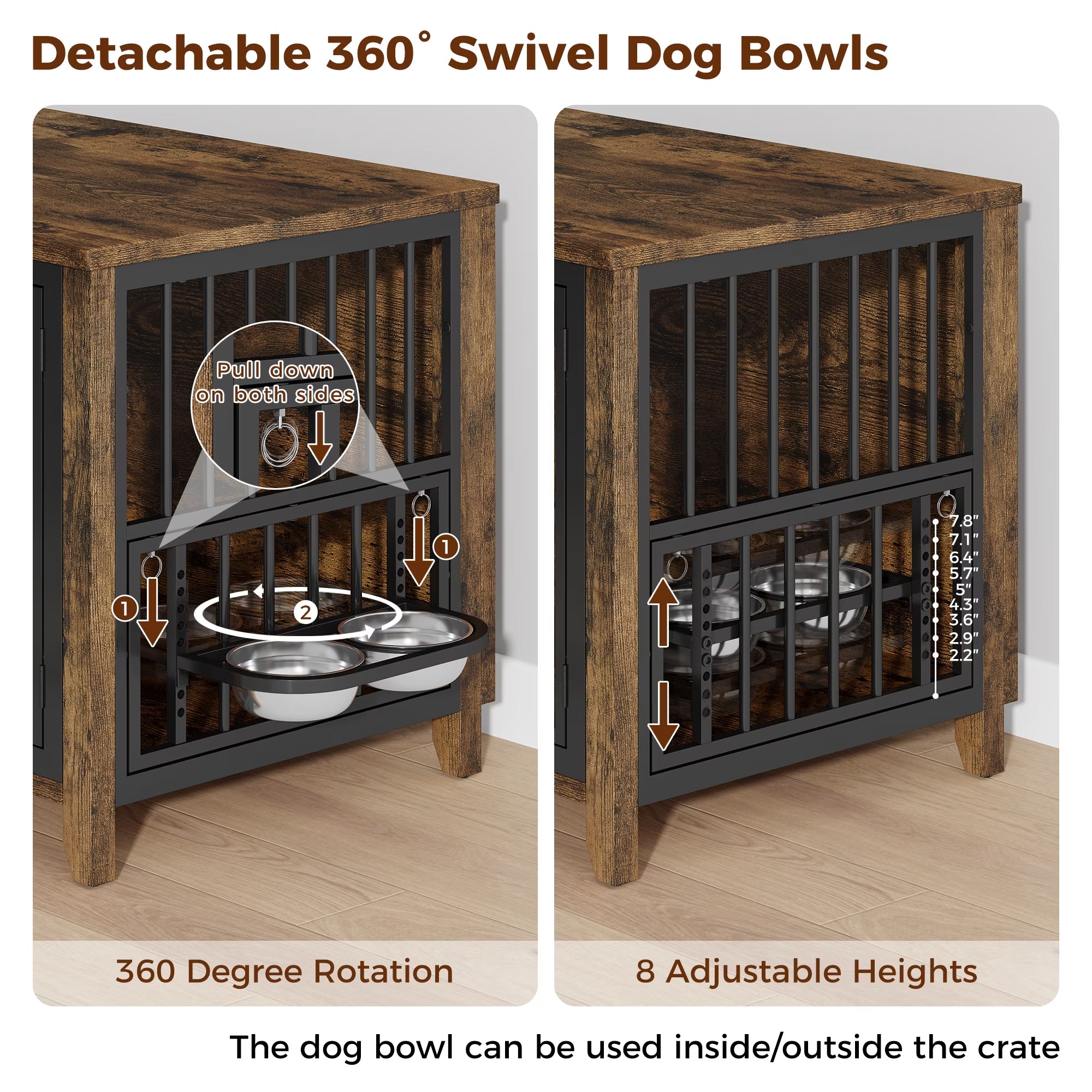 Dog Crate Furniture with 2 Adjustable Dog Bowls, Dog Kennel Indoor with Lockable Doors, 32" Pet Carrier House for Medium, Brown