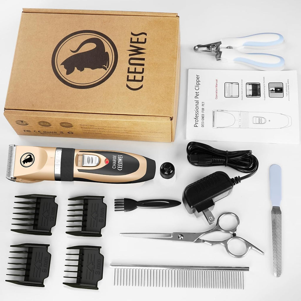 Dog Clippers Low Noise Pet Clippers Rechargeable Trimmer Cordless Grooming Tool Professional Dog Hair Trimmer with Comb Guides Scissors for Dogs Cats & Others（Gold）