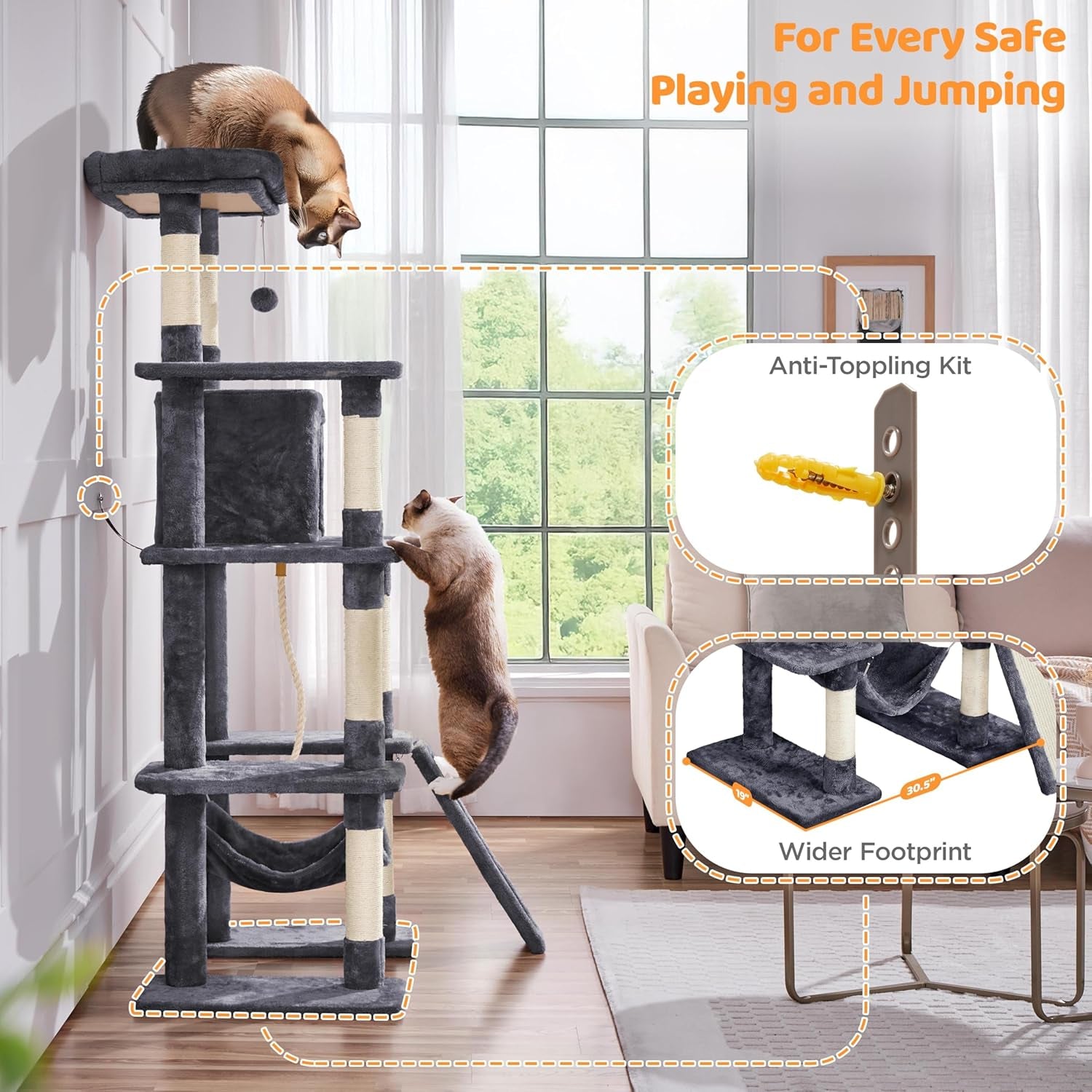 Yaheetech 63In Sturdy Large Cat Tree for Indoor Heavy Cats, Tall Tower | Plush Condo, Hammock, Sisal Scratching Posts, Multi-Pet Friendly, Easy to Assemble, Stable Wide Base