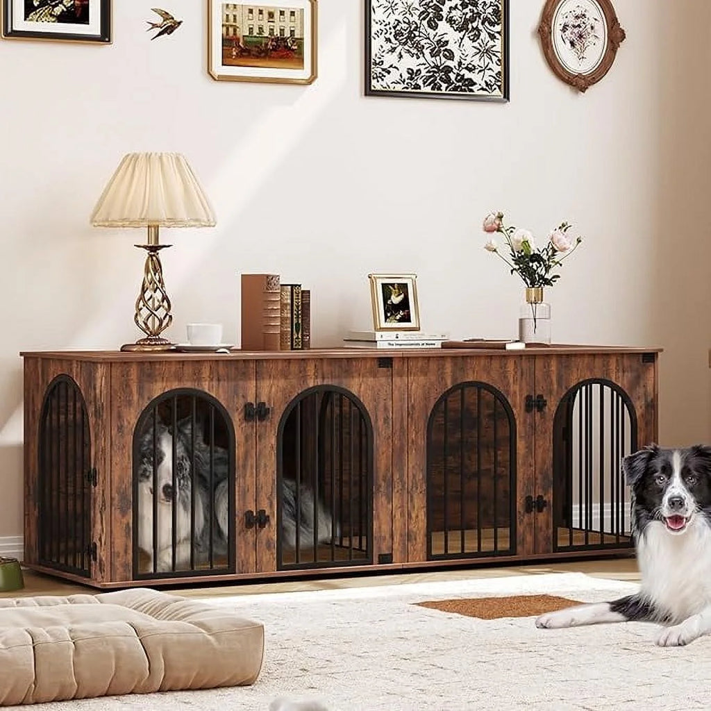 Dog Crate Furniture, 71" Heavy Duty Dog Kennels with Divider, Pads, Side Table, TV Cabinet