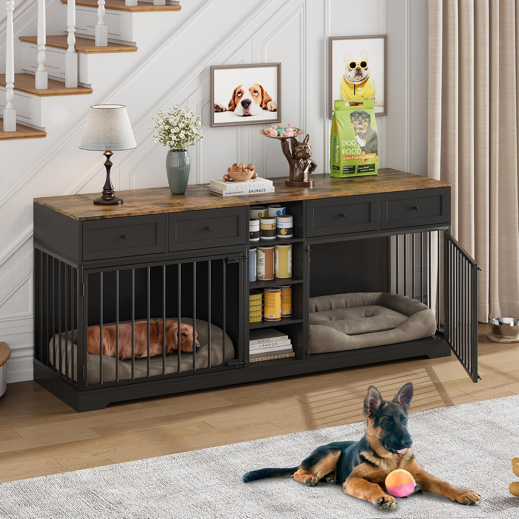 82" Double Dog Crate Furniture with Drawers and Shelves, Black | Heavy Duty Wooden Dog Crate TV Stand, Large Dog Kennel Indoor for 2 Medium/Large Dogs