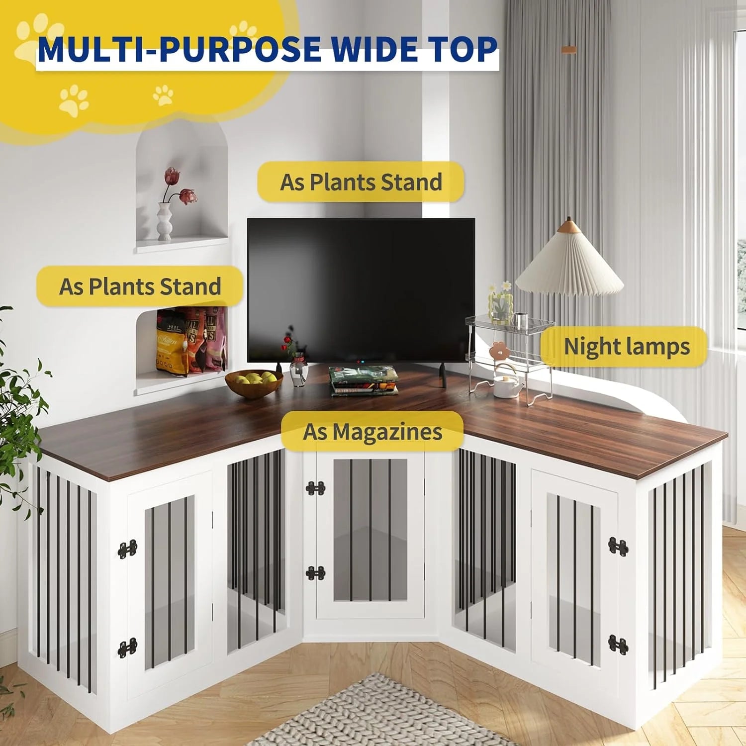 113" Large Dog Crate Furniture for 3 Dogs, Corner Dog Crate with Divider, Wooden Indoor Dog Kennel Furniture, Dog Crate Cage for Large Medium Small Dogs, Combined in 3 Ways