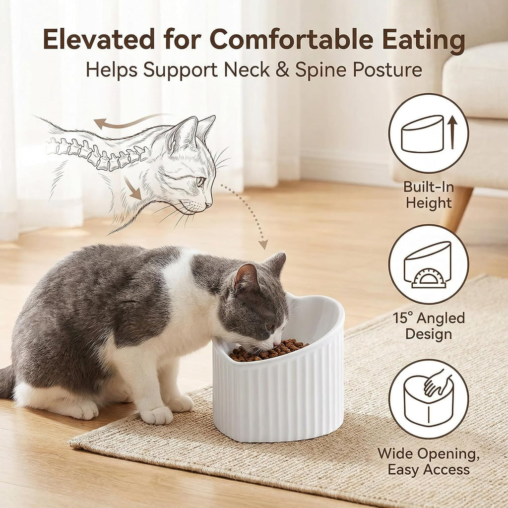 White Ceramic Raised Cat Bowls, Tilted Elevated Food or Water Bowls, Stress Free, Backflow Prevention, Dishwasher and Microwave Safe, Lead & Cadmium Free